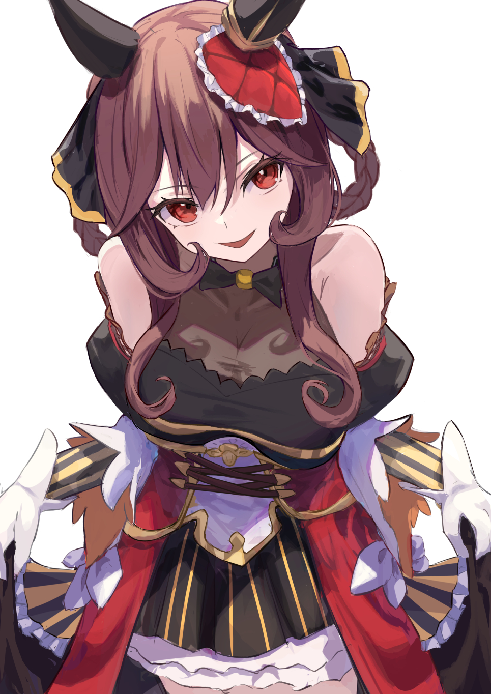 1girl animal_ears bare_shoulders braided_hair_rings breasts brown_hair ear_covers gentildonna_(umamusume) hair_between_eyes heart-shaped_ornament heart_ear_ornament highres horse_ears horse_girl large_breasts long_hair looking_at_viewer oramustat red_eyes simple_background solo transparent umamusume white_background