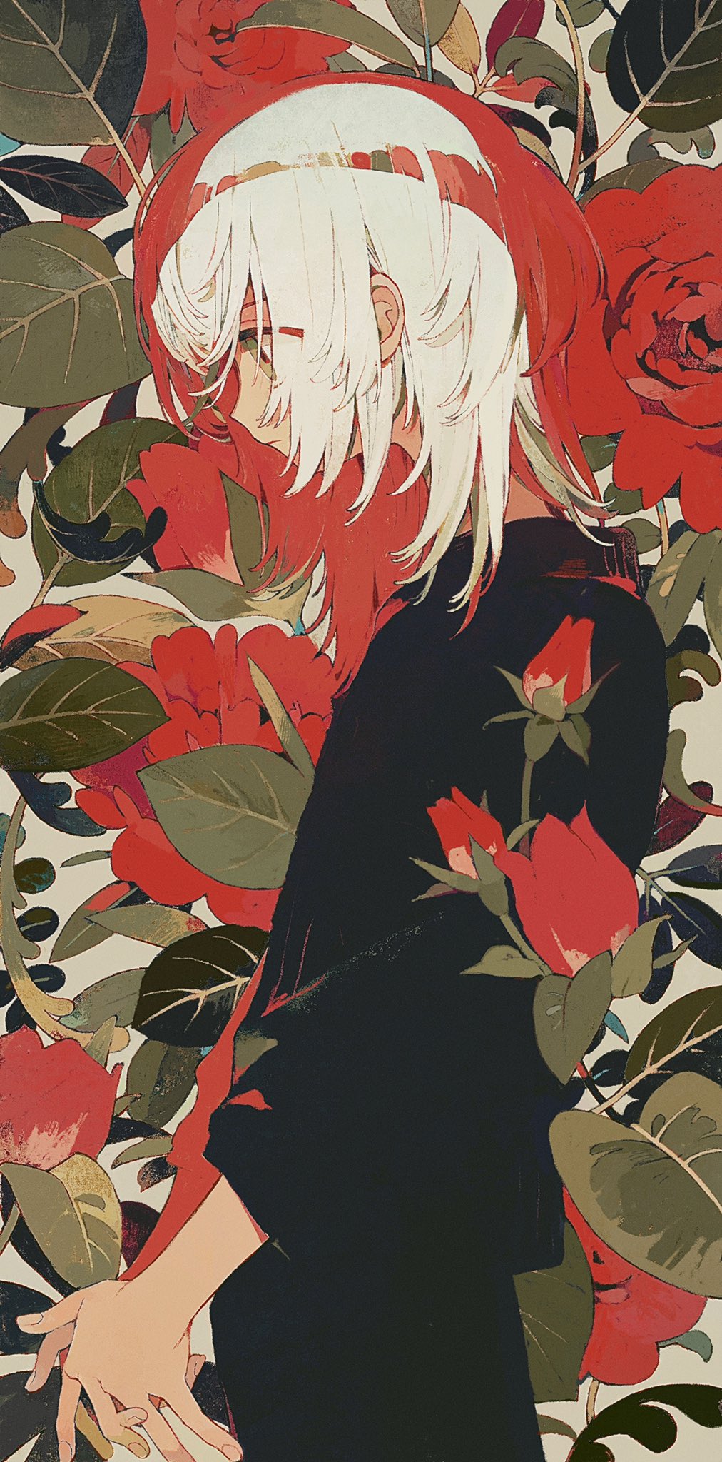 1girl black_shirt closed_mouth flower from_side highres ka_(marukogedago) leaf long_hair long_sleeves multicolored_hair original own_hands_together plant profile red_flower red_hair shirt solo standing two-tone_hair upper_body white_hair