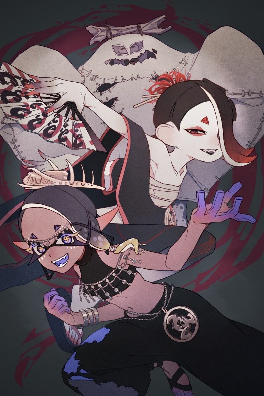 1boy 2girls :d bare_shoulders big_man_(splatoon) black_hair black_lips black_pants black_shawl black_shirt blonde_hair blush bracelet cephalopod_eyes chest_sarashi circlet clenched_hand collarbone colored_eyelashes colored_tongue commentary_request crop_top dark-skinned_female dark_skin earrings eyeshadow fangs flower foot_out_of_frame frye_(splatoon) ghost_costume gradient_hair grin hair_flower hair_ornament hair_over_one_eye hair_tie hand_fan harem_pants highres holding holding_fan inkling jewelry makeup midriff multicolored_hair multiple_bracelets multiple_girls navel necklace octoling official_alternate_costume one_eye_covered orange_pupils outstretched_arm pale_skin pants pointy_ears purple_eyes purple_tongue red_eyes red_eyeshadow red_flower red_hair red_pupils saiano sarashi shawl shirt shiver_(splatoon) short_eyebrows sleeveless sleeveless_shirt smile spider_lily splatoon_(series) splatoon_3 star-shaped_pupils star_(symbol) symbol-shaped_pupils tentacle_hair torn_clothes torn_pants two-tone_hair x_hair_ornament