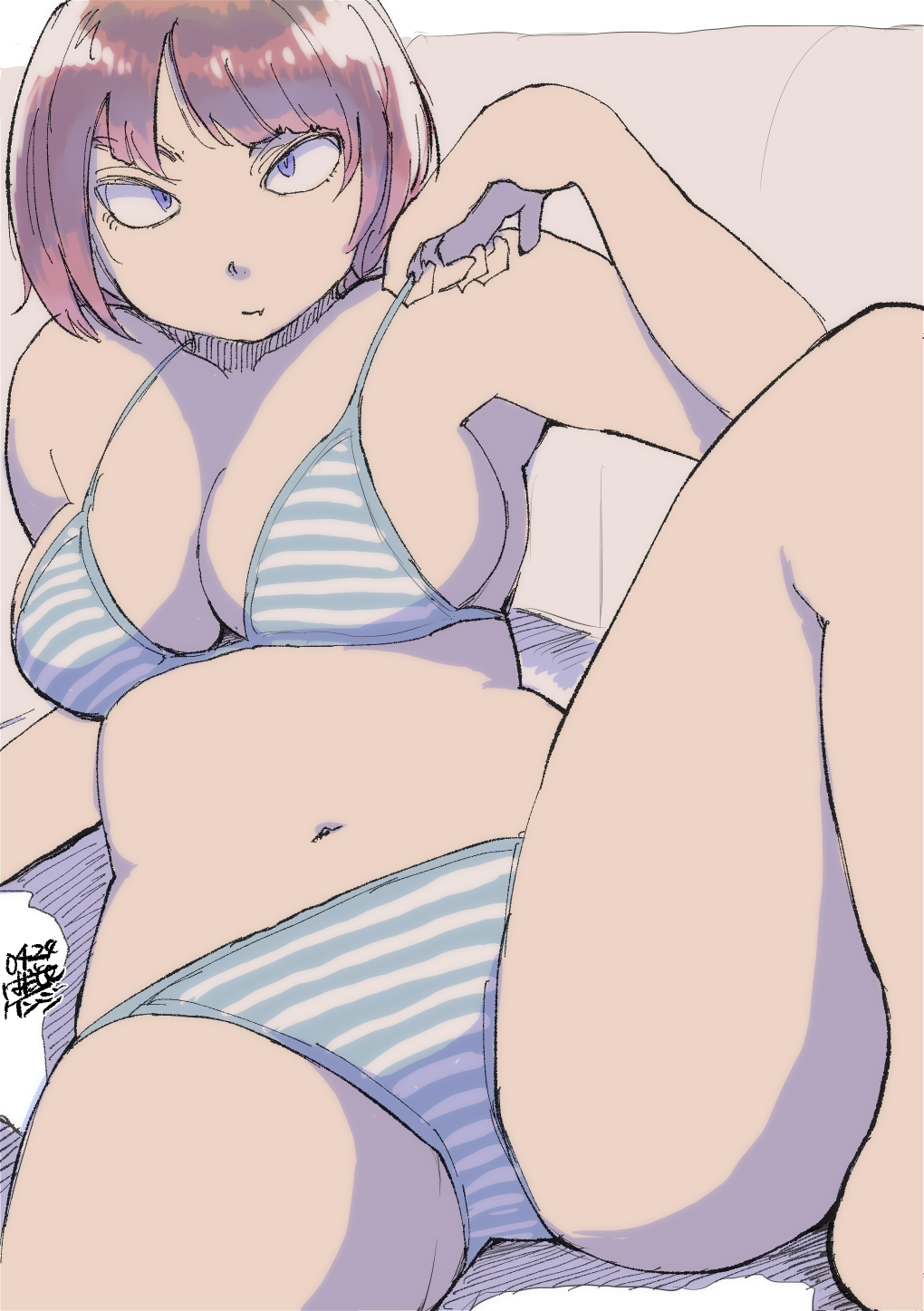 1girl arm_support artist_name barefoot bikini blue_eyes bob_cut breasts brown_hair dated hadashi_no_kenji hand_up highres indoors knee_up navel original short_hair striped_bikini striped_clothes swimsuit