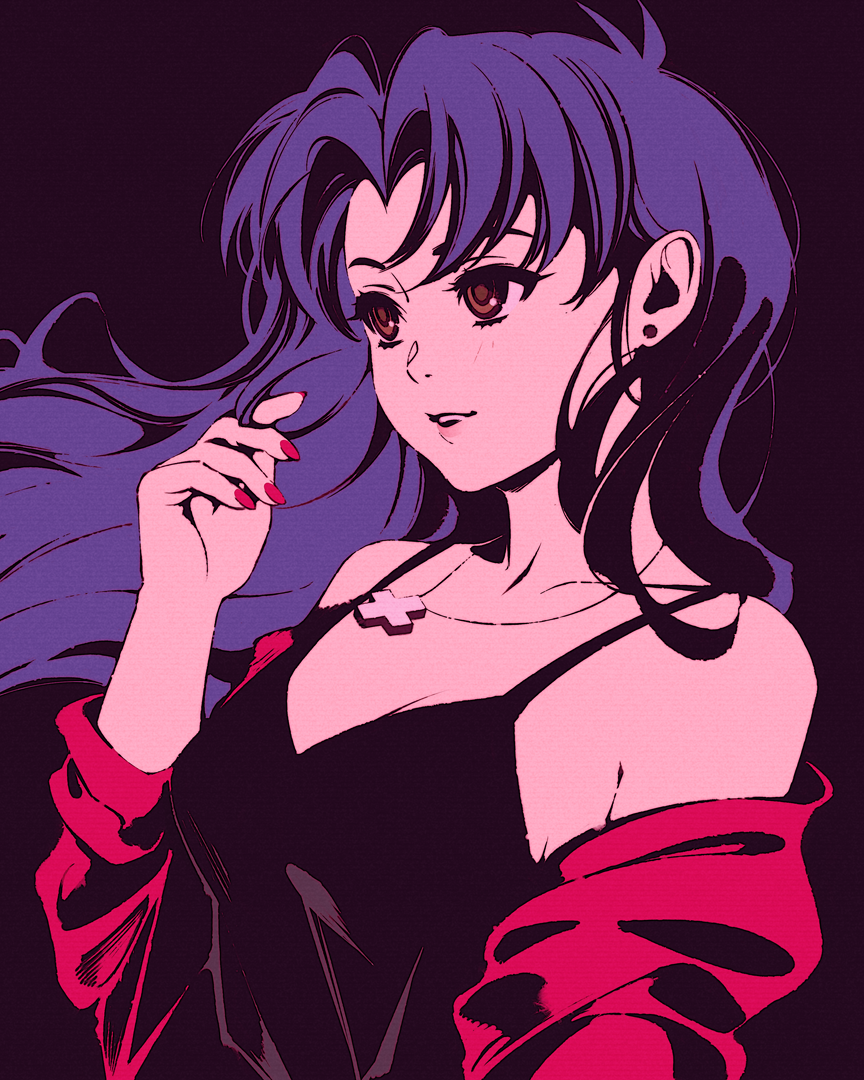 arm_at_side bare_shoulders black_background black_camisole breasts brown_eyes camisole collarbone commentary cross cross_necklace earrings floating_hair hand_up high_contrast jacket jewelry katsuragi_misato large_breasts long_hair looking_afar looking_ahead loose_hair_strand moshimoshibe necklace neon_genesis_evangelion off_shoulder paper_texture parted_hair parted_lips pink_lips playing_with_own_hair purple_hair red_jacket romaji_commentary simple_background stud_earrings upper_body