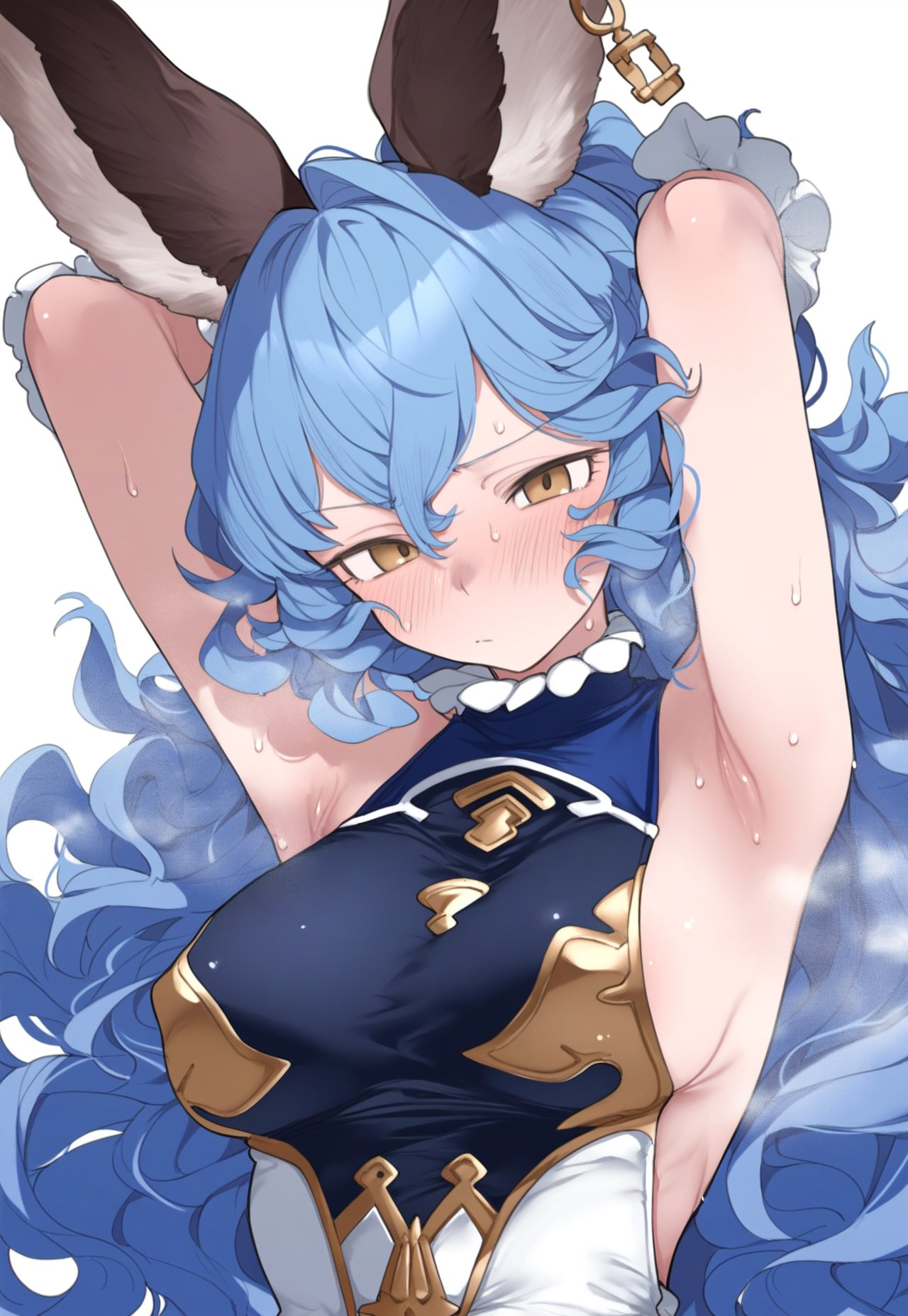 1girl animal_ears armpits backless_dress backless_outfit blue_hair blush breasts commentary_request dress earrings erune ferry_(granblue_fantasy) frilled_gloves frills gloves granblue_fantasy highres hoop_earrings jewelry jo_sumi post_guild_war_celebration rabbit_ears sideboob sideless_outfit single_earring solo sweat wavy_hair