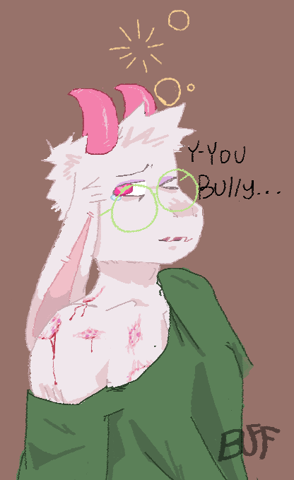 big_ear bite bite_mark blood blood_on_fur bodily_fluids bovid bruised bubble buffalonium caprine clothing deltarune drunk drunk_bubble eyewear fur glasses goat horn humanoid makeup male mammal oversized_clothing ralsei shoulder_bite simple_background solo substance_intoxication tears text undertale_(series)