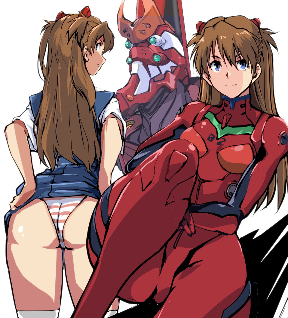 1girl ass blue_eyes bodysuit breasts brown_hair clothes_lift commentary eva_02 evangelion_(mecha) hair_ornament kamisimo_90 long_hair mecha multiple_views neon_genesis_evangelion panties pilot_suit plugsuit rebuild_of_evangelion red_bodysuit ribbon robot school_uniform shirt short_sleeves skirt skirt_lift smile souryuu_asuka_langley striped_clothes striped_panties tokyo-3_middle_school_uniform two_side_up underwear