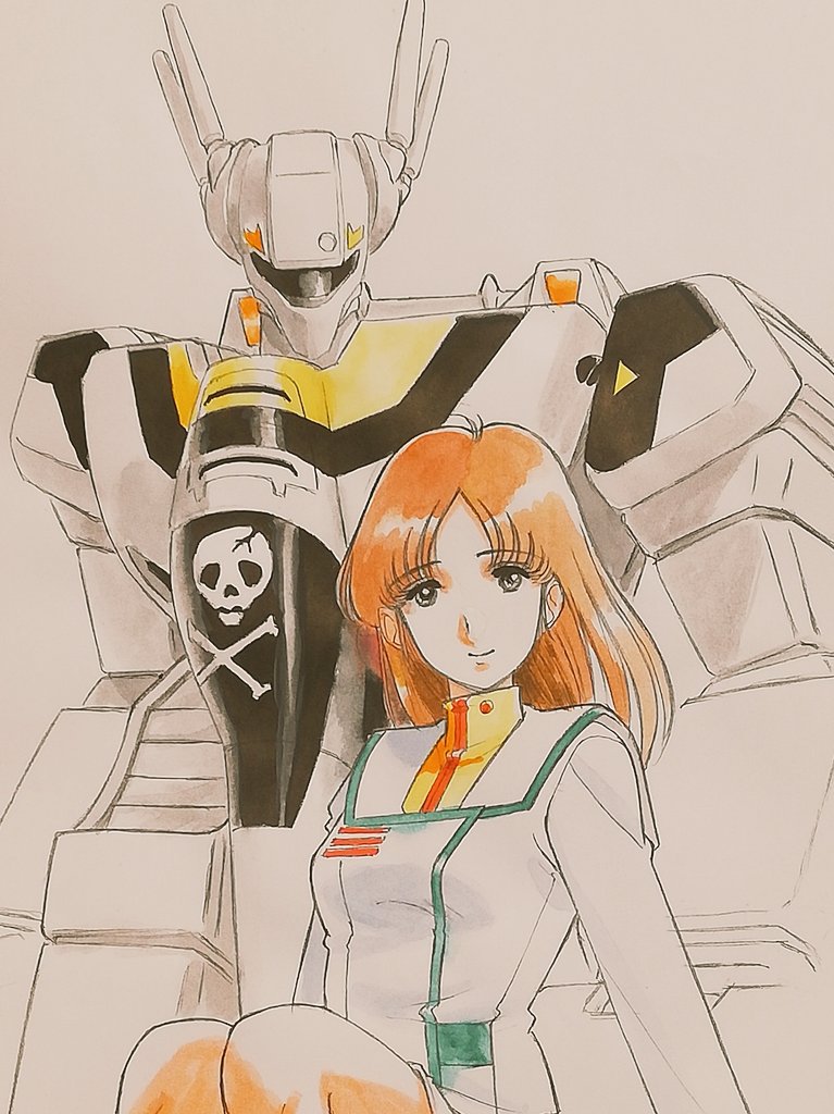 1080kazuo 1980s_(style) 1girl battroid choujikuu_yousai_macross commentary_request energy_cannon hayase_misa jolly_roger light_brown_hair long_hair looking_at_viewer macross macross:_do_you_remember_love? mecha military military_uniform retro_artstyle robot scan science_fiction sitting sketch smirk traditional_media u.n._spacy uniform upper_body vf-1 vf-1s