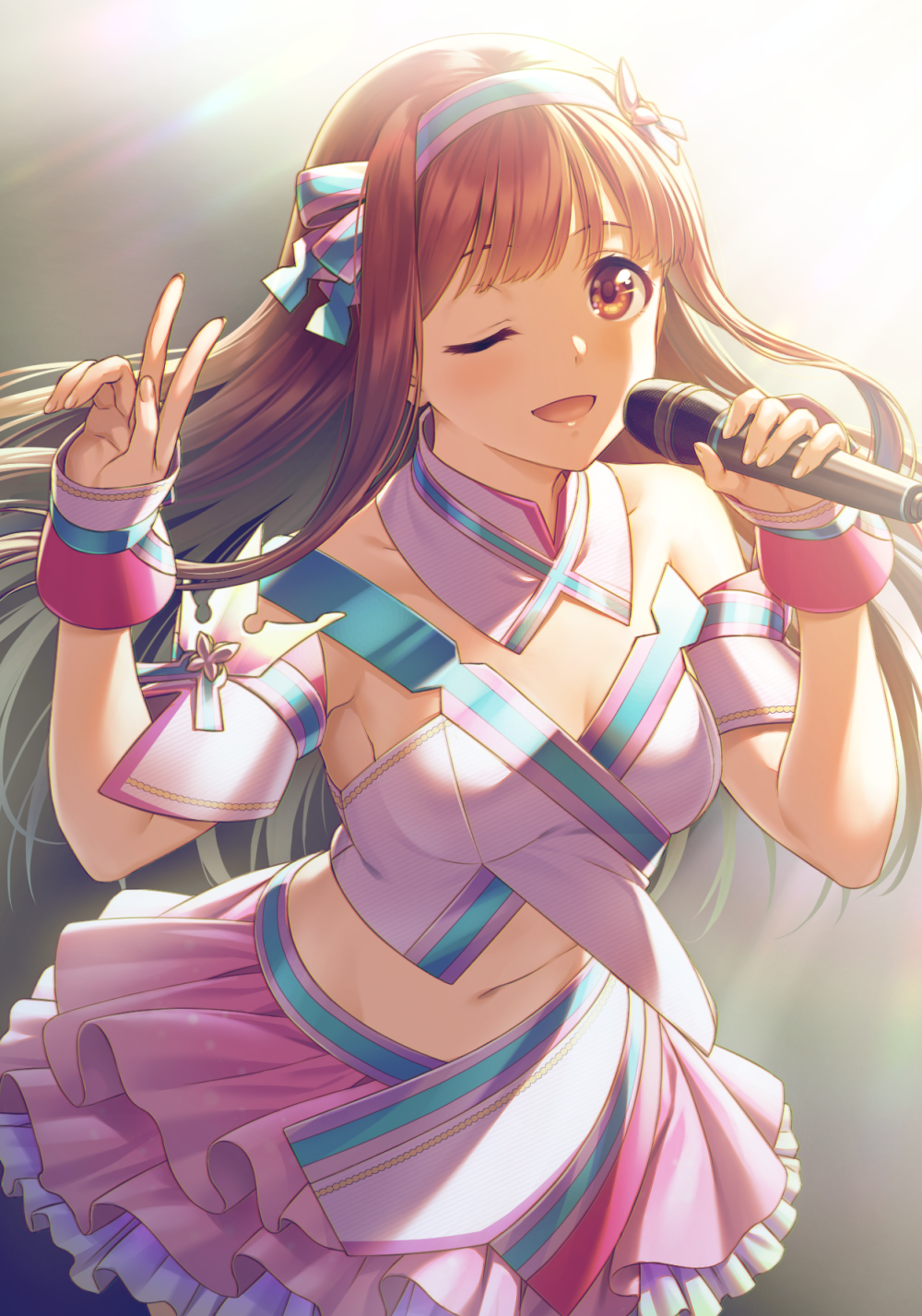 1girl ;) arm_cuffs breasts brown_hair crop_top detached_collar frilled_skirt frills hairband hands_up highres holding holding_microphone idol_clothes idolmaster idolmaster_million_live! layered_skirt long_hair looking_at_viewer medium_breasts microphone nanaran one_eye_closed pink_skirt skirt smile solo tanaka_kotoha v wrist_cuffs