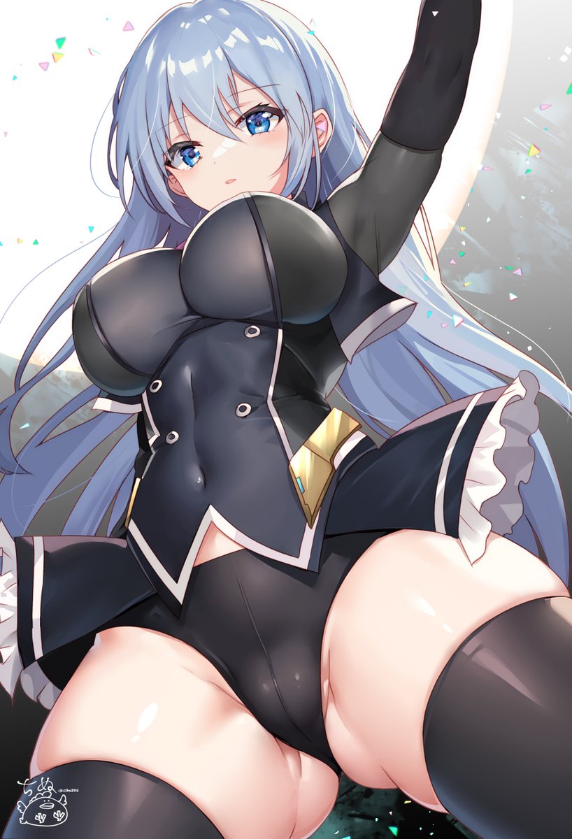 1girl alice_gear_aegis angelica_glazunova arm_up black_panties black_thighhighs blue_eyes blue_hair blush breasts covered_navel from_below hair_between_eyes highres kakerayuri large_breasts long_hair looking_at_viewer panties parted_lips signature skin_tight solo thighhighs thighs underwear