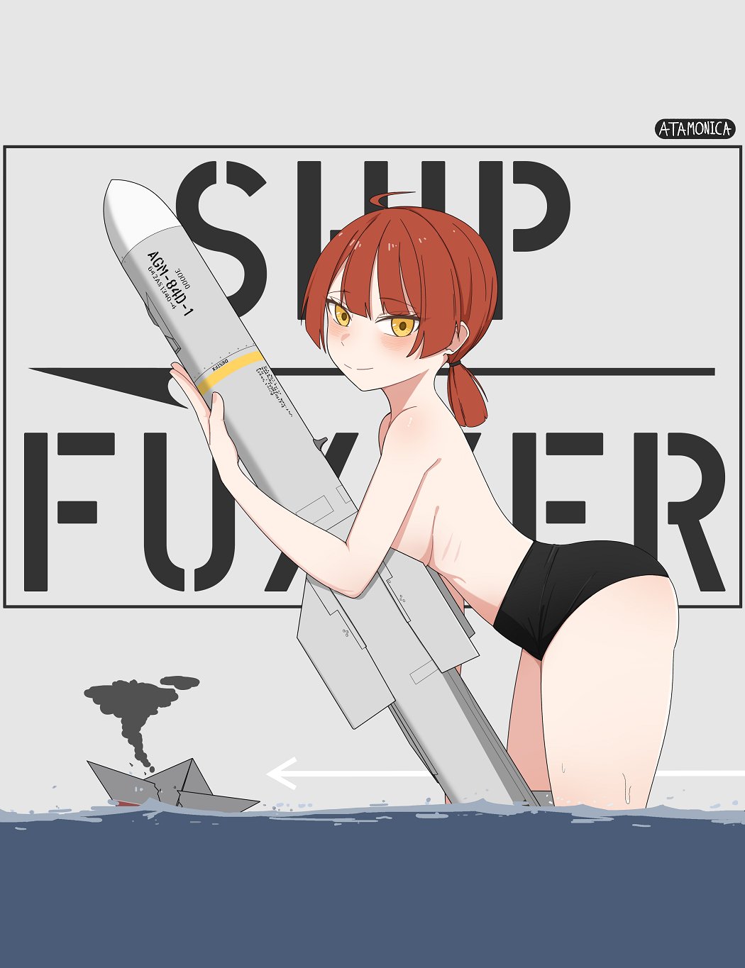 1girl arrow_(symbol) artist_name atamonica black_bikini_bottom blush breast_press closed_mouth from_side harpoon_missile highres holding_missile leaning_forward looking_at_viewer medium_hair original red_hair ship smile smoke solo topless wading water watercraft yellow_eyes