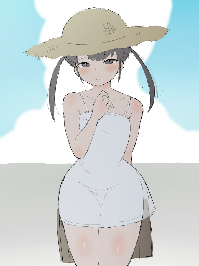 1girl arm_behind_back breasts briefcase brown_eyes brown_hair cloud day dress hand_up hat looking_at_viewer original outdoors ramoni small_breasts solo straw_hat sun_hat thighs_together twintails white_dress