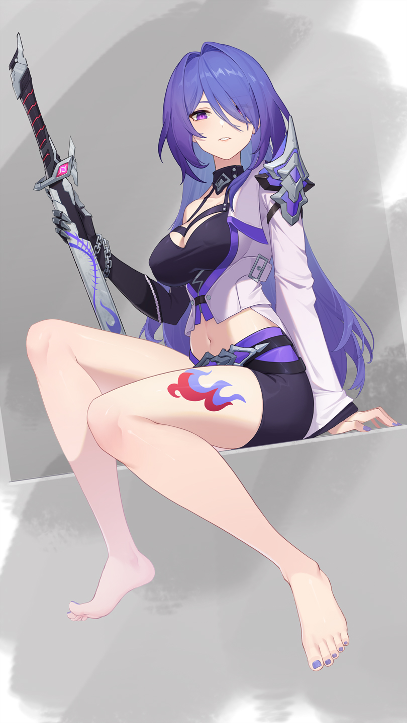 1girl acheron_(honkai:_star_rail) bare_legs barefoot black_shorts breasts cleavage commentary_request crop_top cropped_jacket gangjin hair_intakes hair_over_one_eye highres holding holding_sword holding_weapon honkai:_star_rail honkai_(series) jacket katana leg_tattoo long_hair long_sleeves looking_at_viewer medium_breasts midriff navel parted_lips purple_eyes purple_hair scabbard sheath sheathed short_shorts shorts single_bare_shoulder sitting solo sword tattoo thighs very_long_hair weapon white_jacket