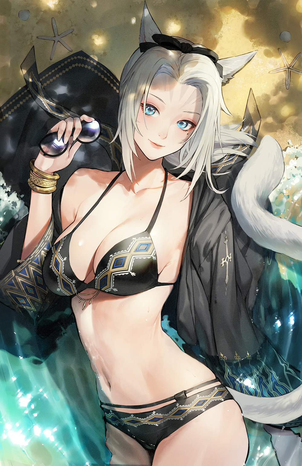 1girl animal_ears bare_shoulders black_jacket blue_eyes bracelet breasts cat_ears cat_girl cat_tail cleavage closed_mouth dappled_sunlight duan_henglong eyewear_removed final_fantasy final_fantasy_xiv grey_hair highres holding holding_eyewear jacket jewelry large_breasts long_hair long_sleeves looking_at_viewer lying miqo'te mole mole_under_eye navel off_shoulder on_ground on_side open_clothes open_jacket smile solo starfish stomach sunglasses sunlight tail water