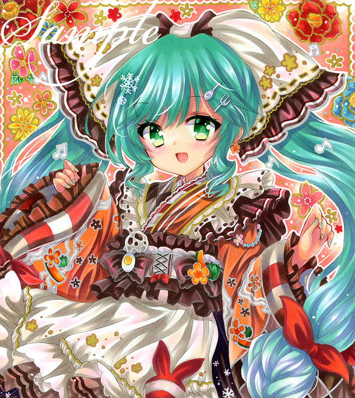 1girl :d apron aqua_hair blue_flower bow commentary_request egg_(food) embellished_costume flower food fork_hair_ornament frilled_apron frilled_bow frilled_kimono frills green_eyes hair_bow hair_ornament hatsune_miku japanese_clothes kimono long_hair long_sleeves looking_at_viewer lotus_root marker_(medium) musical_note open_mouth orange_kimono pink_flower red_flower rui_(sugar3) sample_watermark sidelocks smile snowflakes solo spoon_hair_ornament traditional_media twintails vocaloid watermark white_apron wide_sleeves yellow_flower yuki_miku yuki_miku_(2024)