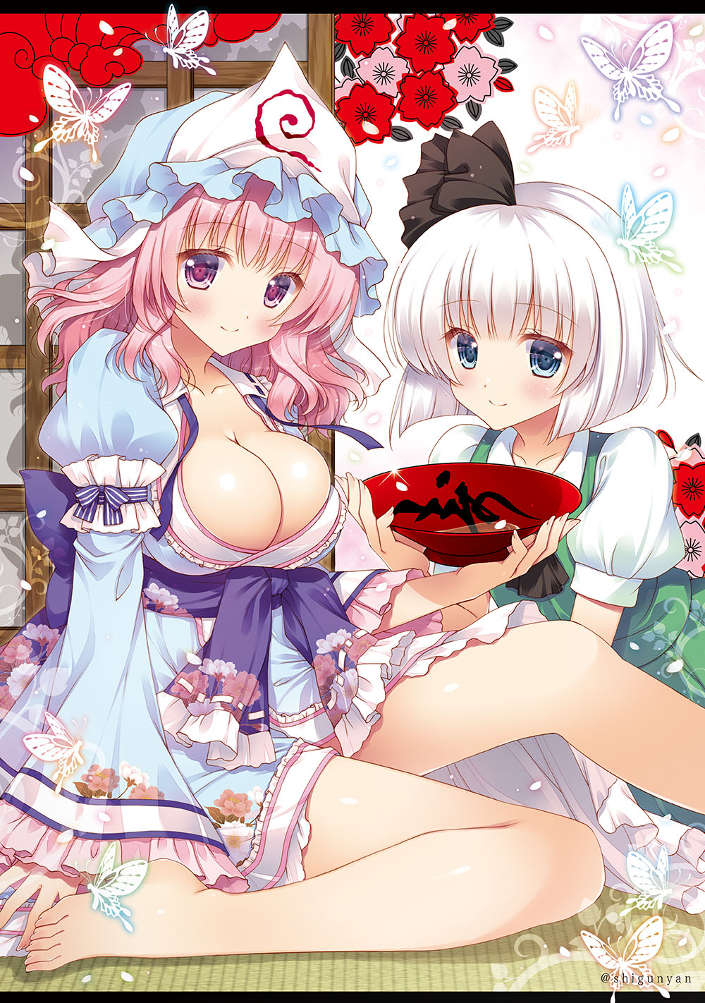 2girls blue_dress blue_eyes breasts dress feet green_dress highres large_breasts legs multiple_girls pink_eyes pink_hair shigunyan short_hair smile touhou white_dress white_hair