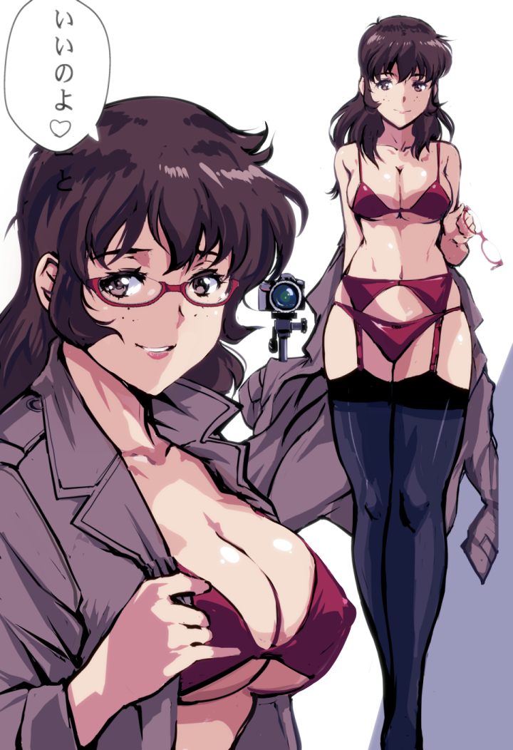 1girl arm_behind_back ass bare_shoulders bra breasts brown_eyes brown_hair camera cleavage closed_mouth coat collarbone commentary_request freckled_girl_(kamisimo_90) freckles garter_straps glasses hand_up holding holding_removed_eyewear kamisimo_90 large_breasts lingerie lipstick long_hair looking_at_viewer makeup multiple_views original panties red-framed_eyewear red_bra red_panties speech_bubble standing thighhighs thighs trench_coat underwear unworn_coat unworn_eyewear