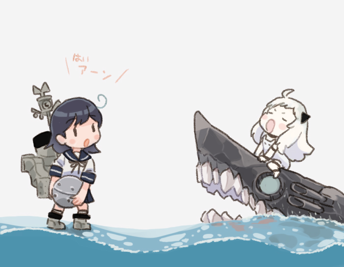 2girls abyssal_ship black_hair black_sailor_collar black_skirt character_name commentary_request explosive kantai_collection long_hair machinery mine_(weapon) multiple_girls naval_mine northern_little_sister saiguchi_otoufu sailor_collar school_uniform serafuku shark simple_background skirt standing standing_on_liquid translation_request ushio_(kancolle) water white_background