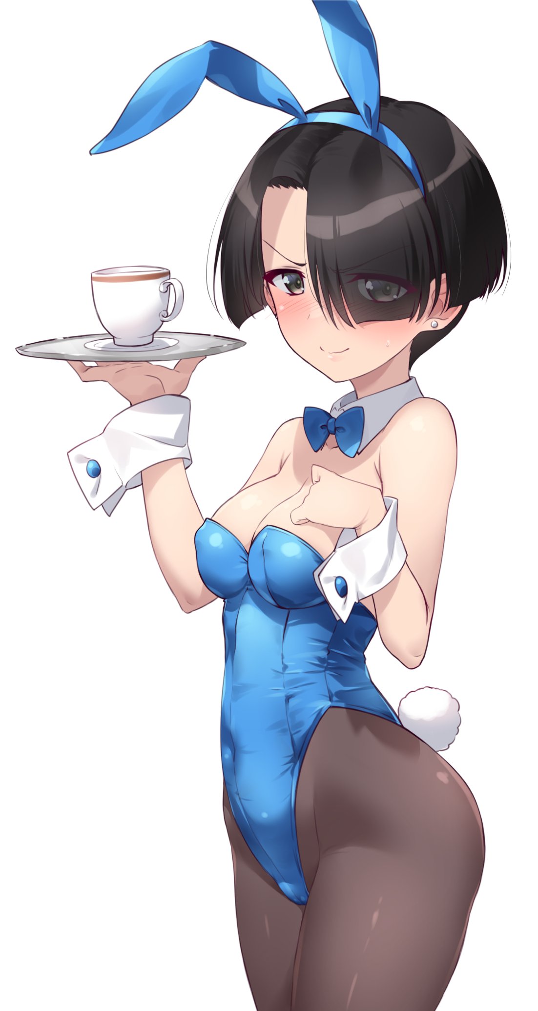1girl angry animal_ears bare_shoulders black_hair blue_leotard blunt_bangs blush breasts brown_eyes brown_pantyhose cleavage closed_mouth commentary_request cup earrings girls_und_panzer girls_und_panzer_saishuushou highleg highleg_leotard highres jewelry kuzuryuu_kennosuke large_breasts leotard looking_at_viewer pantyhose playboy_bunny rabbit_ears rabbit_tail short_hair simple_background solo standing sweat tail teacup tray vanilla_(girls_und_panzer) white_background wrist_cuffs