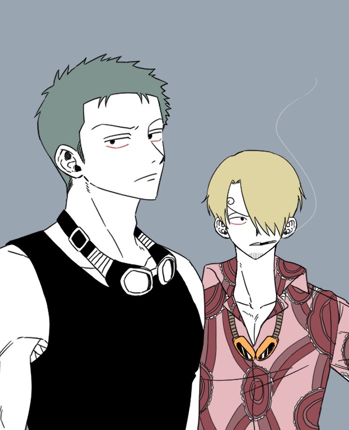 2boys black_tank_top blonde_hair cigarette collared_shirt curly_eyebrows enahr_1111 goggles goggles_around_neck green_hair hair_over_one_eye korean_commentary looking_to_the_side male_focus multiple_boys one_piece pink_hair roronoa_zoro sanji_(one_piece) shirt short_hair smoke tank_top upper_body