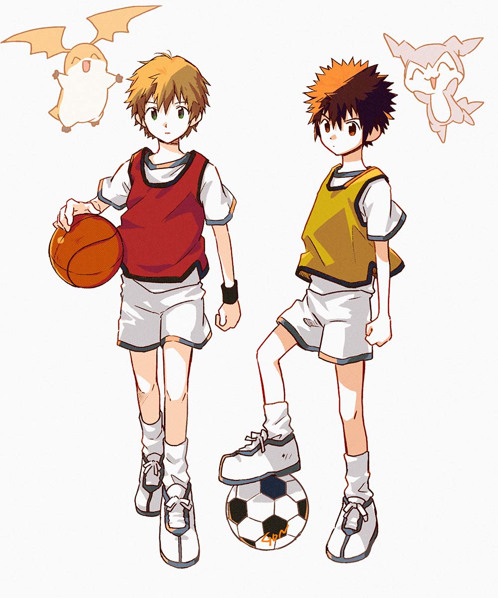 2boys ball basketball_(object) blonde_hair brown_hair chibimon digimon digimon_adventure_02 gdn0522 highres holding holding_ball male_focus motomiya_daisuke multiple_boys patamon red_tank_top shirt shorts simple_background soccer_ball spiked_hair sportswear takaishi_takeru tank_top white_background white_shirt white_shorts yellow_tank_top