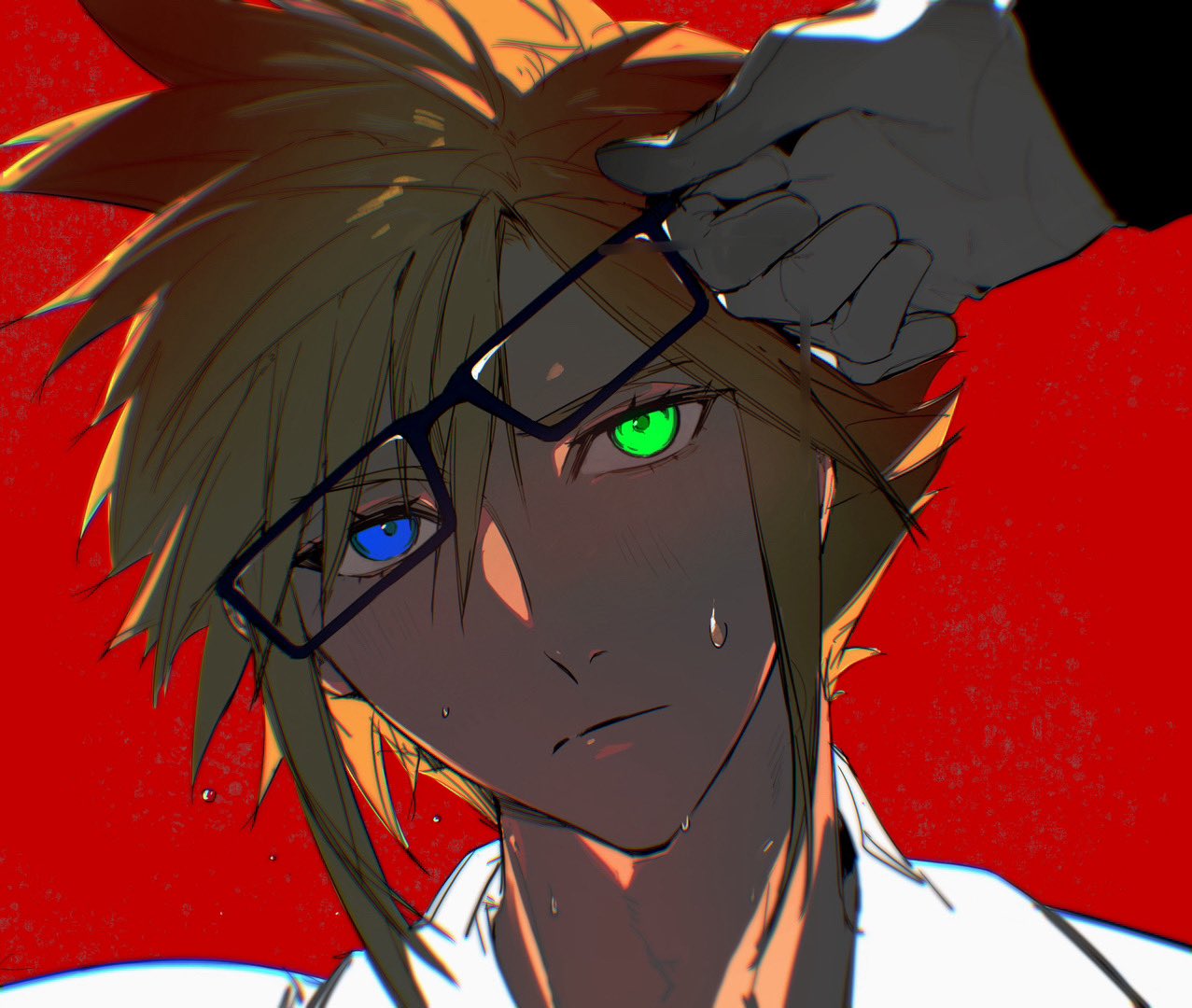 2boys blonde_hair blue_eyes cloud_strife eyewear_on_head final_fantasy final_fantasy_vii fui_(fui29493452) gloves glowing glowing_eyes green_eyes hand_on_another's_head heterochromia male_focus multiple_boys red_background sephiroth shirt simple_background solo_focus spiked_hair sweatdrop white_gloves white_shirt