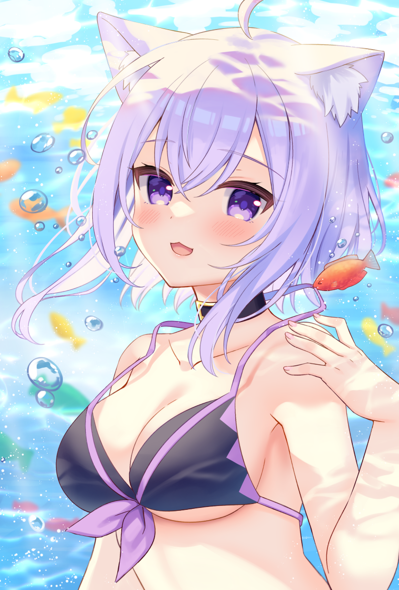 1girl :3 :d ahoge air_bubble animal animal_ear_fluff animal_ears bangs bare_arms bare_shoulders bikini black_bikini black_collar blurry blurry_background blush breasts bubble cat_ears cleavage collar commentary_request depth_of_field fish front-tie_bikini_top front-tie_top hair_between_eyes highres hololive looking_at_viewer medium_breasts nekomata_okayu purple_eyes purple_hair sidelocks smile solo sumisaki_yuzuna swimsuit underwater upper_body virtual_youtuber water