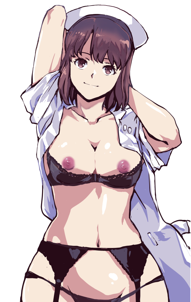 1girl arms_up black_bra bra breasts brown_eyes brown_hair closed_mouth collarbone commentary_request dress garter_straps hat headband_girl_(kamisimo_90) kamisimo_90 looking_at_viewer medium_breasts navel nipples nurse nurse_cap open_clothes open_dress original panties presenting short_sleeves smile underwear uniform white_dress