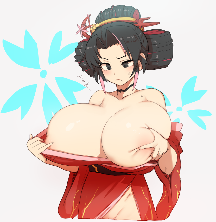 1girl arched_bangs black_eyes black_hair breasts choker closed_mouth collarbone cropped_legs grabbing_own_breast hair_ornament huge_breasts inconvenient_breasts japanese_clothes kimono kimono_pull looking_down multicolored_hair nihongami no_panties obi off_shoulder oiran okitaima original parted_bangs pink_hair pulled_by_self pussy pussy_peek red_hair red_kimono sash skindentation solo streaked_hair sweatdrop