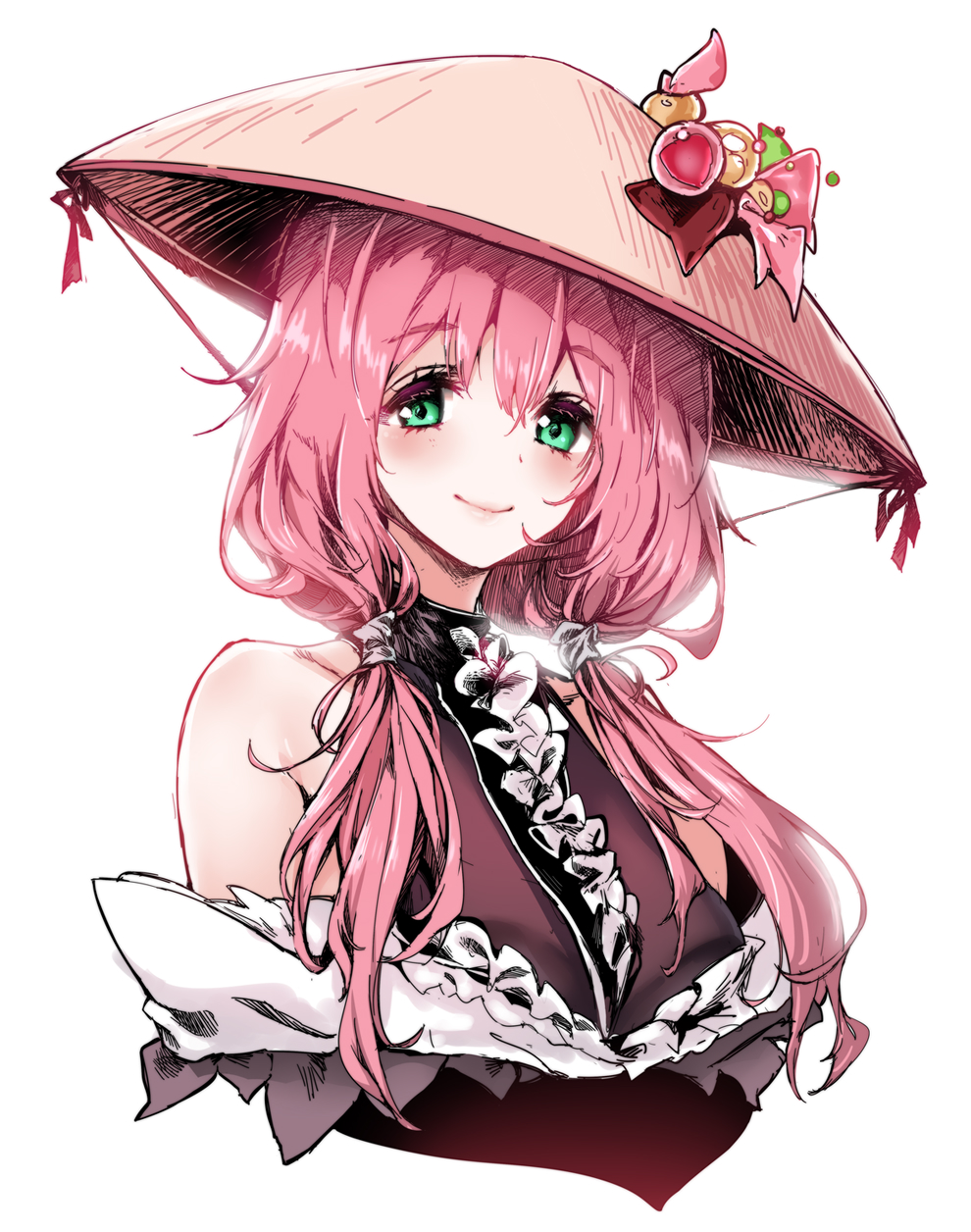 1girl blush breasts character_request chin_strap cofepig copyright_request green_eyes hat highres large_breasts long_hair low_twintails pink_hair rice_hat simple_background smile solo twintails upper_body white_background