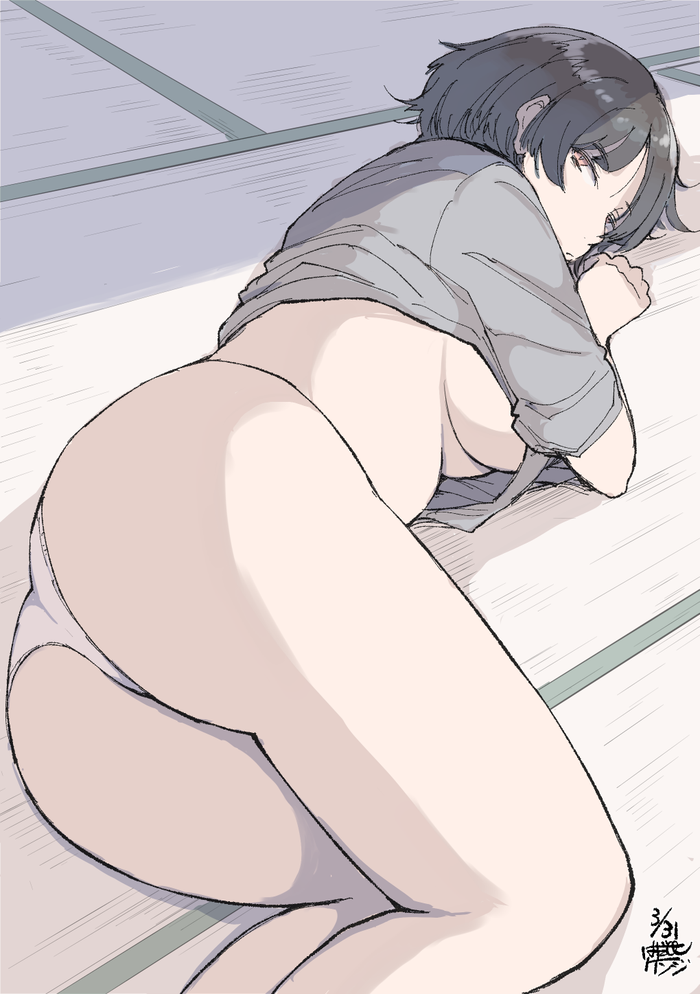 1girl artist_name ass bob_cut breasts brown_hair dated feet_out_of_frame grey_shirt hadashi_no_kenji highres indoors looking_at_viewer original panties parted_bangs shirt short_hair solo tatami underboob underwear white_panties