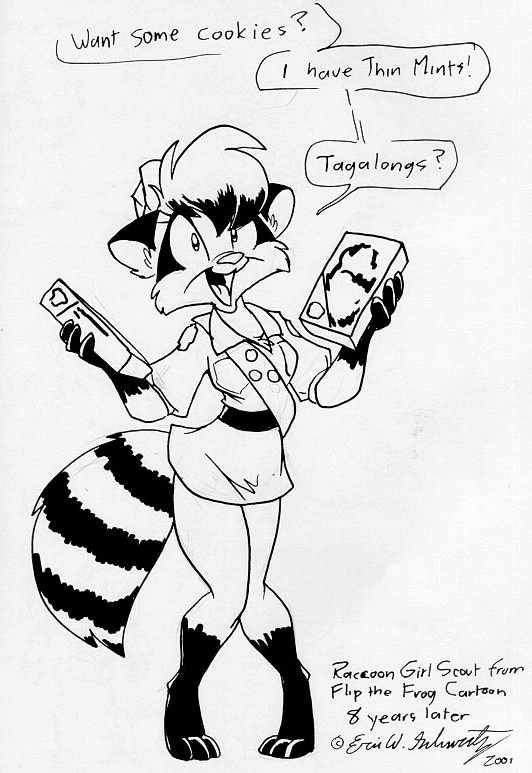 2001 3_toes 4_fingers anthro belt breasts chest_tuft clothed clothing digitigrade ear_tuft english_text eric_schwartz feet female fingers girl_scout girl_scout_cookies gloves_(marking) graphite_(artwork) guide_lines hair holding_object leg_markings looking_at_viewer mammal marker_(artwork) markings medium_breasts mixed_media monochrome multicolored_hair open_mouth procyonid question raccoon sash short_hair signature simple_background socks_(marking) solo speech_bubble standing striped_markings striped_tail stripes tail tail_markings talking_to_viewer text toes traditional_media_(artwork) tuft two_tone_hair uniform white_background
