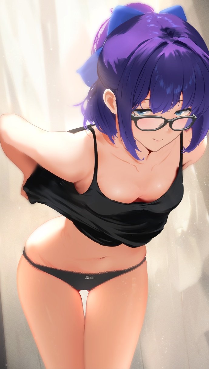 1girl a-chan_(hololive) alternate_costume bare_shoulders black-framed_eyewear black_dress black_panties blue_bow blue_eyes blue_hair bow breasts closed_mouth clothes_lift cohi27151463 collarbone dress dress_lift glasses hair_bow half_updo highres hololive leaning_forward looking_at_viewer navel panties short_hair small_breasts smile solo stomach thighs underwear virtual_youtuber
