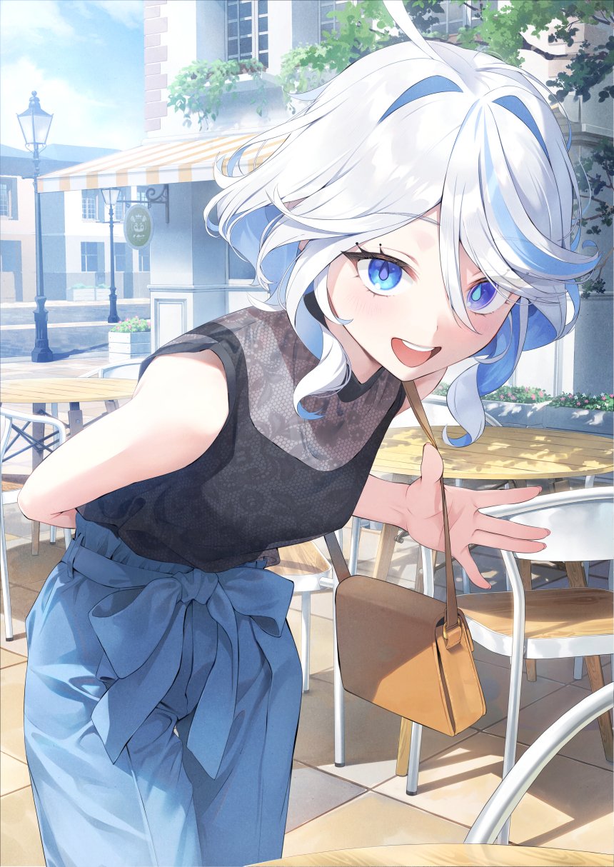 1girl alternate_costume arm_behind_back bag black_shirt blue_eyes blue_hair blue_pants blue_sky breasts cafe casual chair cowboy_shot cowlick day drop-shaped_pupils furina_(genshin_impact) genshin_impact grey_hair heterochromia highres leaning_forward light_blue_hair looking_at_viewer open_mouth outdoors pants ruien_(wu_jui-en) shirt short_hair shoulder_bag sky sleeveless sleeveless_shirt small_breasts solo symbol-shaped_pupils table teeth upper_teeth_only wavy_hair