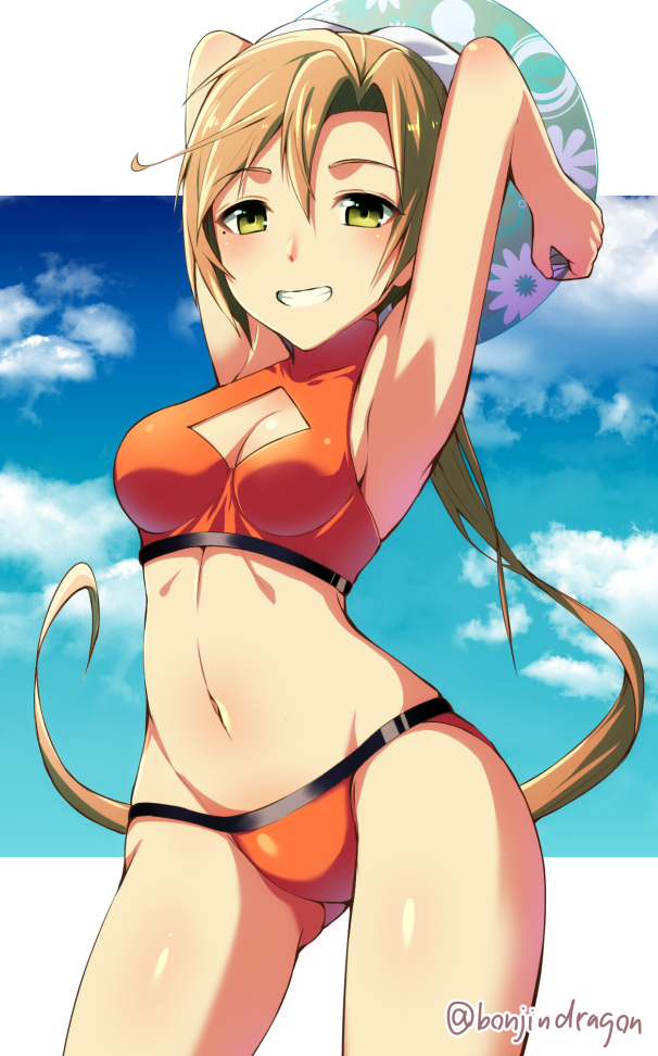 1girl akigumo_(kancolle) ass_visible_through_thighs ball beachball bikini blue_sky bondo_(borndragon) breasts brown_hair cleavage cloud comiket_96 commentary_request copyright_name green_eyes grin kantai_collection long_hair medium_breasts navel orange_bikini parted_bangs sky smile solo standing swimsuit turtleneck