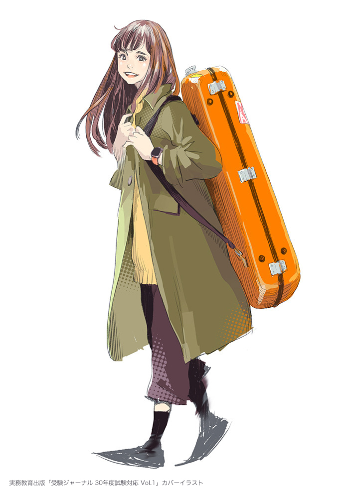 1girl black_eyes black_socks bright_pupils brown_hair brown_pants coat full_body green_coat grey_footwear guitar_case halftone holding_strap instrument_case instrument_on_back long_hair looking_at_viewer open_mouth original pants pomodorosa shoes simple_background socks solo sweater translation_request watch white_background white_pupils wristwatch yellow_sweater