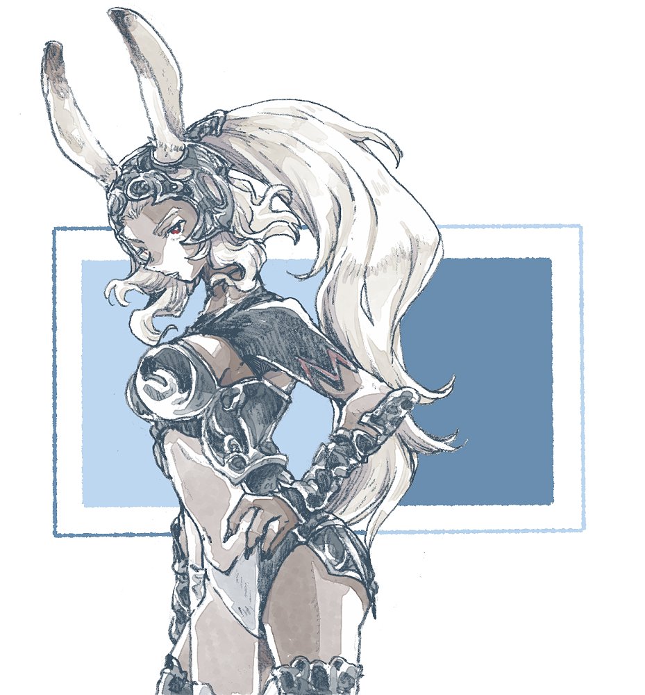 1girl animal_ears blue_background boots border breasts cowboy_shot dark-skinned_female dark_skin final_fantasy final_fantasy_xii fran_(ff12) hand_on_own_hip large_breasts long_hair looking_at_viewer michibata_65 ponytail rabbit_ears rabbit_girl red_eyes see-through see-through_shirt sideboob solo standing thigh_boots thighs vambraces viera wavy_hair white_border white_hair