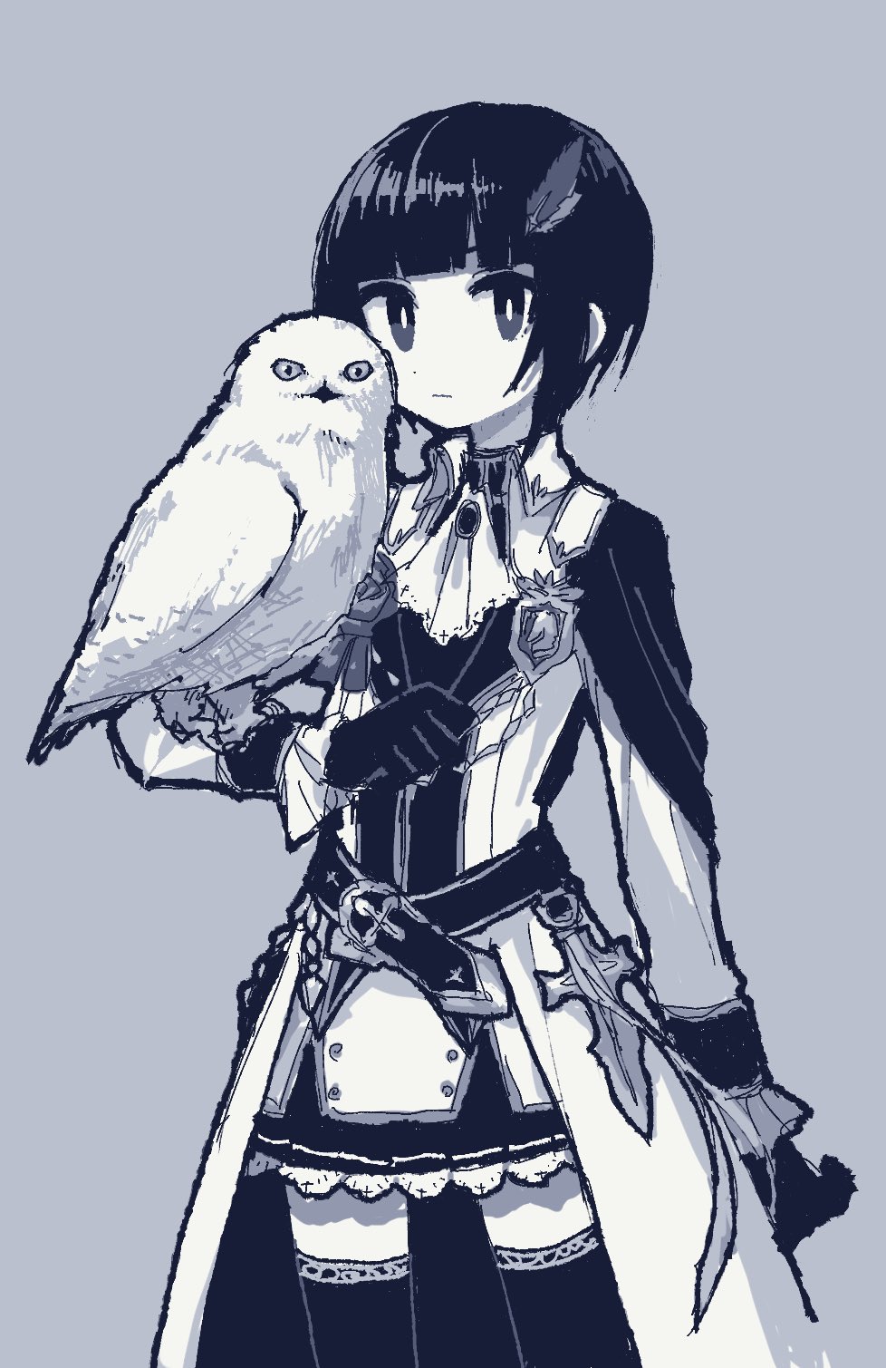 1girl animal animal_on_arm belt bird black_thighhighs closed_mouth dress gloves hat_feather highres long_sleeves looking_at_viewer monochrome naname_(fossama1) original owl short_hair solo thighhighs