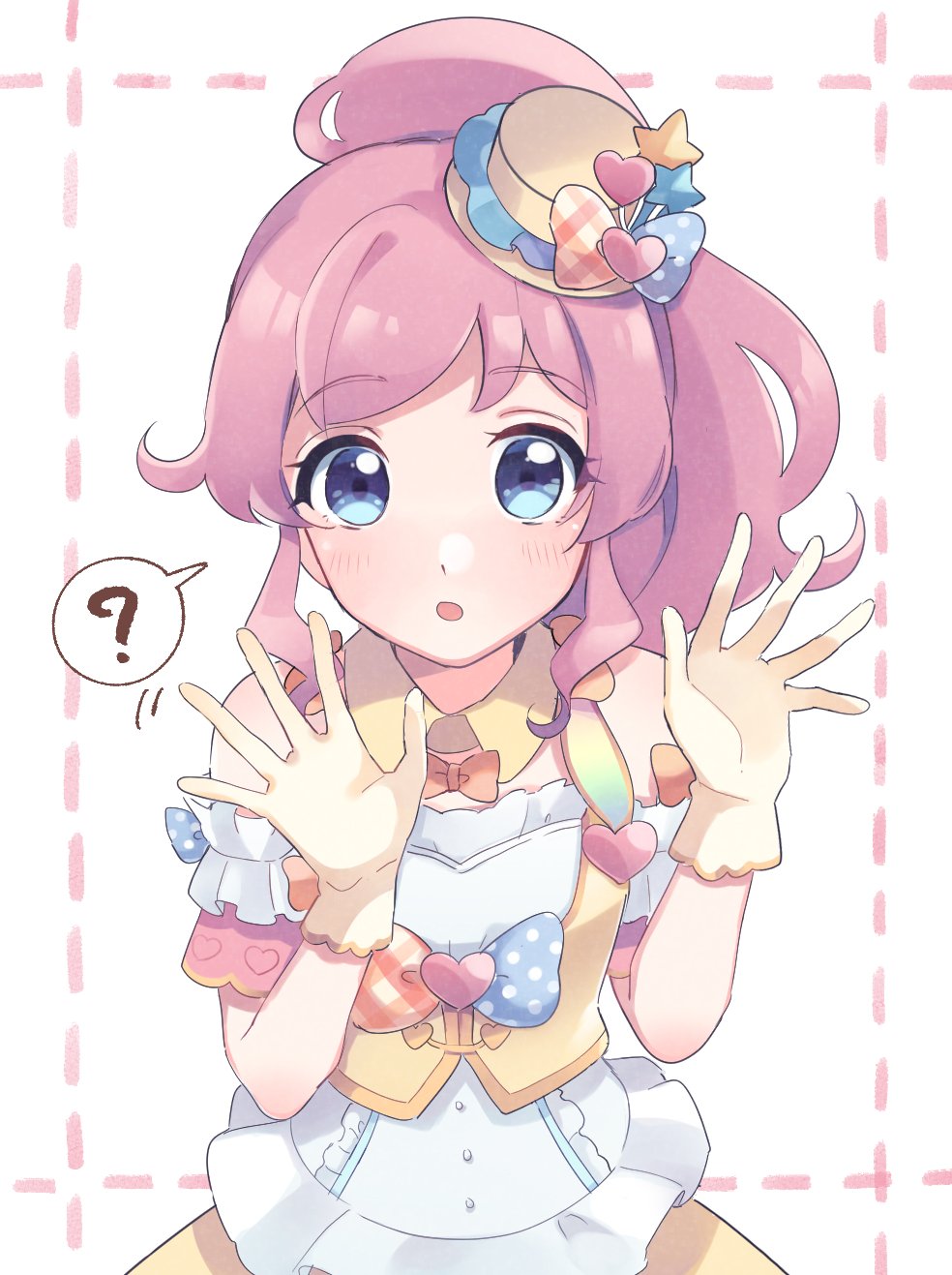 1girl :o ? bad_id bad_twitter_id blue_eyes commentary_request detached_collar gloves hands_up hat heart highres inactive_account jacket kiratto_pri_chan long_hair looking_at_viewer mini_hat momoyama_mirai open_mouth pink_hair ponytail pretty_series shirt shiyurinpu sidelocks solo spoken_question_mark white_background white_shirt yellow_gloves yellow_jacket