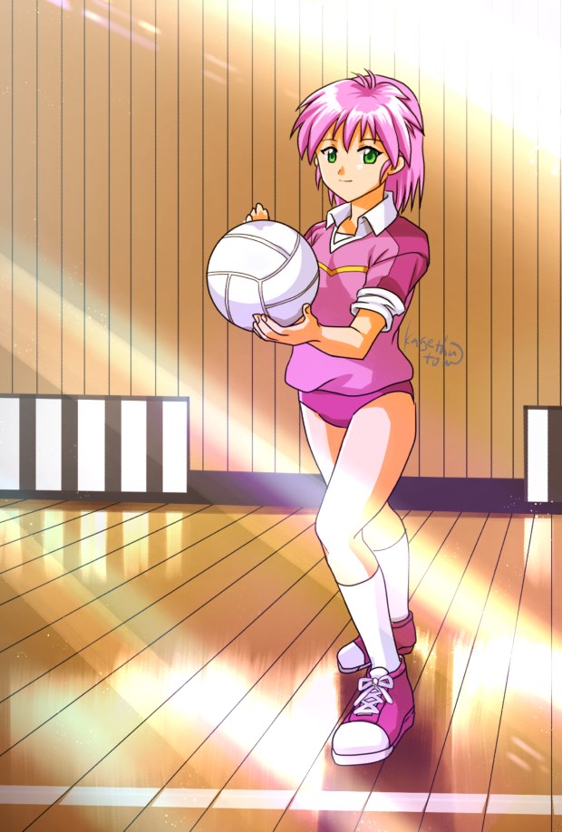 1girl artist_name buruma day green_eyes indoors kagetsu_too medium_hair pink_buruma pink_footwear pink_hair pink_shirt shirt shoes sneakers socks sunlight tokimeki_memorial tokimeki_memorial_2 volleyball white_socks yae_kaori