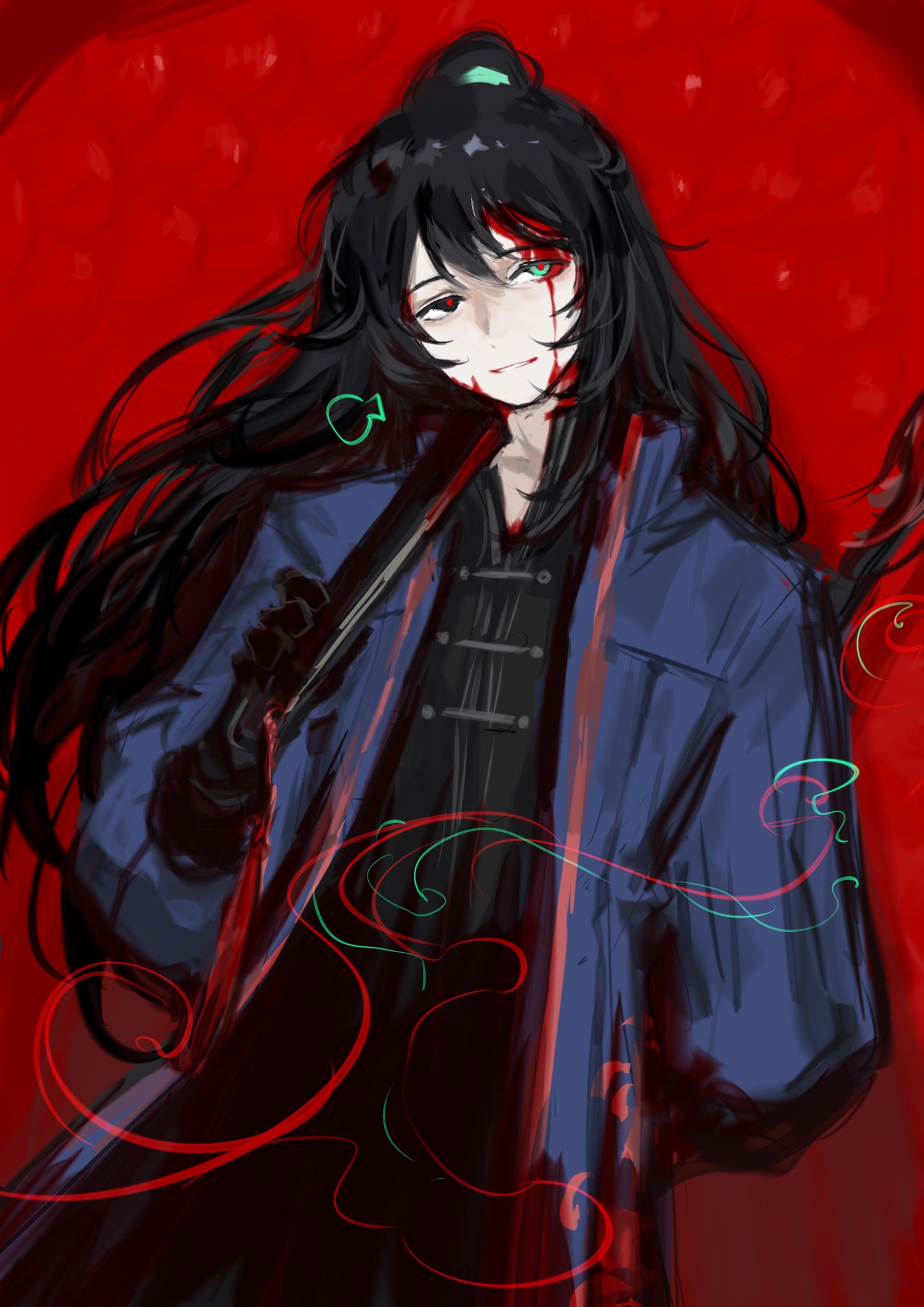 1boy black_coat black_hair blue_coat coat folded_fan folding_fan half_updo hand_fan hand_up highres holding holding_fan hong_lu_(project_moon) limbus_company long_hair long_sleeves male_focus project_moon red_background shan23852196 simple_background solo upper_body very_long_hair