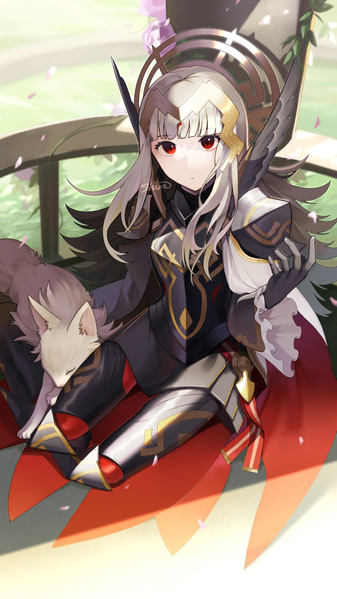 1girl armor black_armor black_gloves cat feather_trim fire_emblem fire_emblem_heroes gloves grey_hair highres ikura_(downdexp) kneeling official_alternate_costume red_eyes shoulder_armor veronica_(brave_princess)_(fire_emblem) veronica_(fire_emblem)