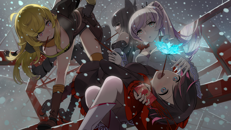 4girls :d ahoge bent_over black_hair blake_belladonna blonde_hair boots breasts cleavage closed_mouth commentary_request crescent_rose end_card food grey_eyes hand_on_hip holding holding_food jewelry large_breasts long_hair looking_at_another looking_at_viewer lying_on_person medium_breasts mouth_hold multiple_girls official_art okama on_lap open_mouth parted_lips pendant ponytail red_hair red_pupils ruby_rose rwby rwby_ice_queendom second-party_source short_hair sitting small_breasts smile snack snowing standing tiara weiss_schnee white_hair yang_xiao_long