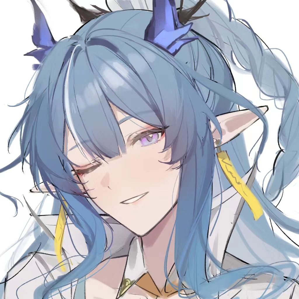 1girl ;d arknights blue_hair chinese_commentary close-up commentary_request dragon_girl dragon_horns earrings horns jewelry ling_(arknights) long_hair looking_at_viewer one_eye_closed pink_eyes pointy_ears portrait shishan979_(seleneebai) simple_background sketch smile solo white_background