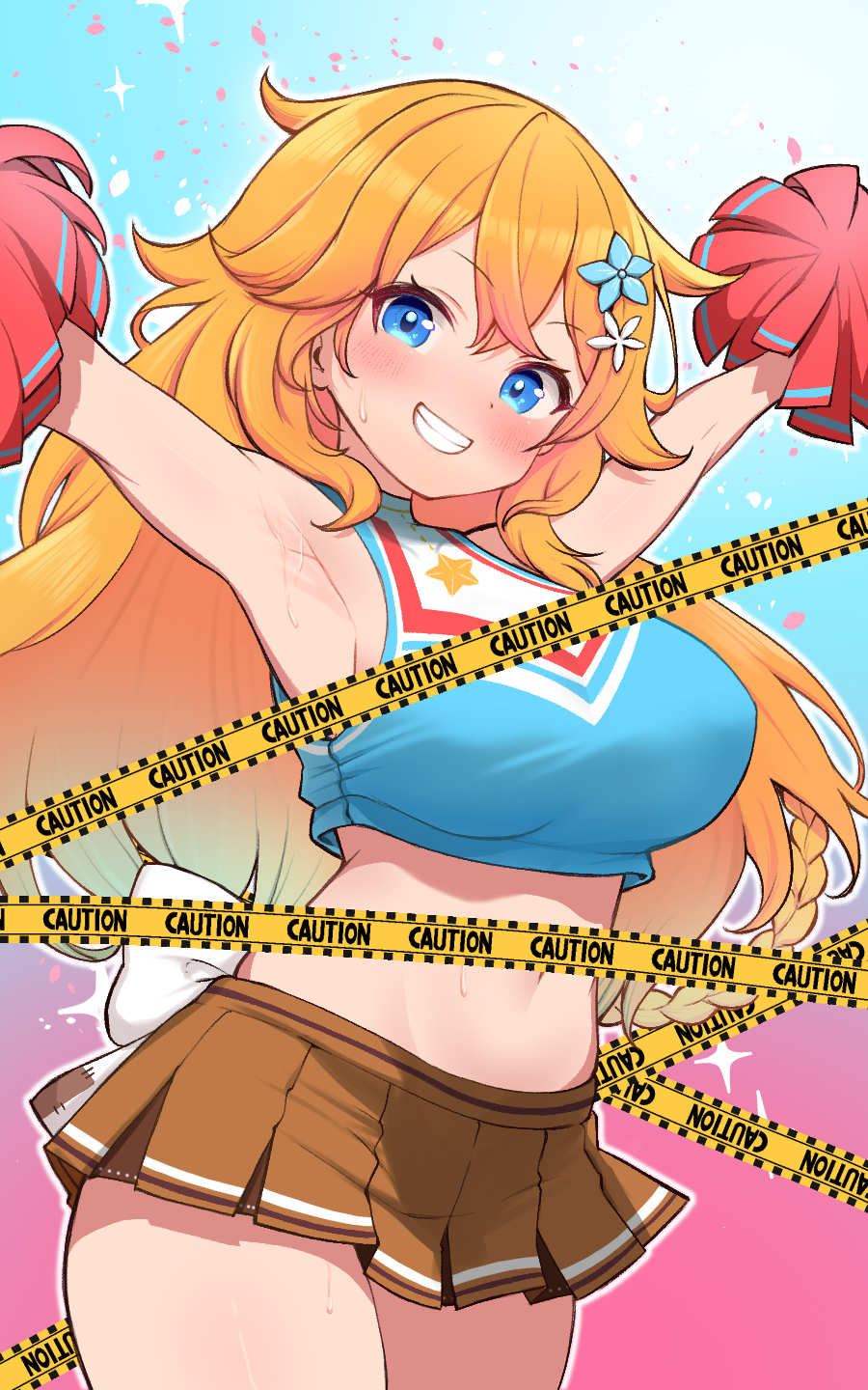 1girl alternate_costume armpits arms_up blonde_hair blue_background blue_eyes blush breasts brown_skirt caution_tape cheerleader commentary_request commission cowboy_shot crossed_bangs flower gradient_background grin hair_flower hair_ornament highres kani_bonara large_breasts long_hair looking_at_viewer microskirt navel nijisanji otogibara_era pink_background pleated_skirt pom_pom_(cheerleading) skeb_commission skirt smile solo stomach virtual_youtuber