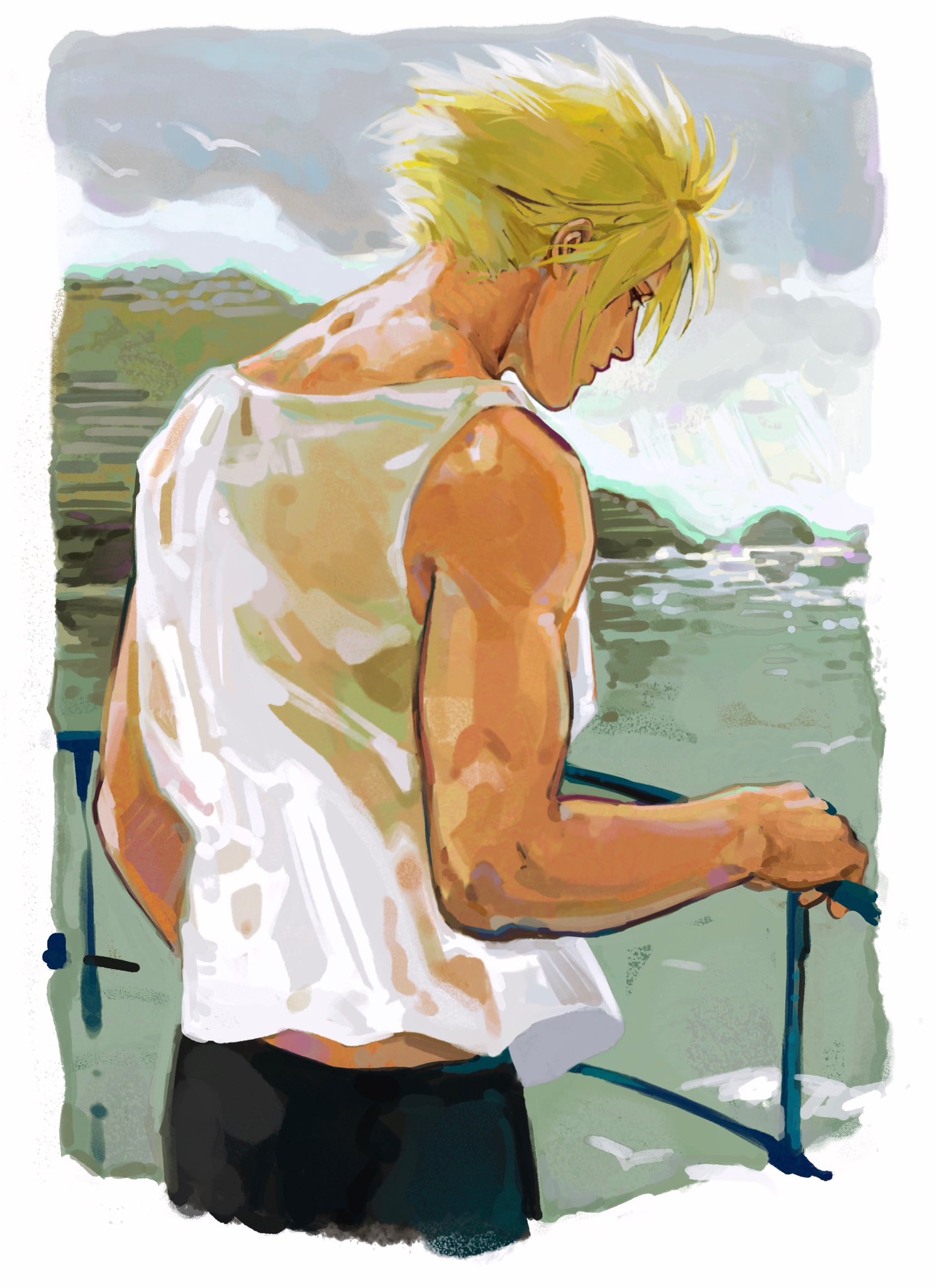 1boy bare_arms bare_shoulders black_pants blonde_hair border cloud_strife final_fantasy final_fantasy_vii final_fantasy_vii_rebirth final_fantasy_vii_remake hand_on_railing highres looking_down male_focus midriff_peek outdoors pants sansgarnish00 shirt short_hair sleeveless sleeveless_shirt solo spiked_hair tank_top toned toned_male white_border white_shirt