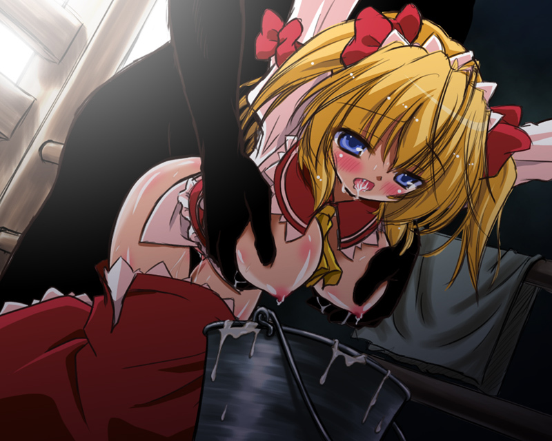 1girl arms_up blonde_hair blue_eyes blush bottomless breast_grab breasts bucket grabbing hetero lactation large_breasts md5_mismatch pun sex solo_focus sunny_milk touhou twintails yamu_(reverse_noise)