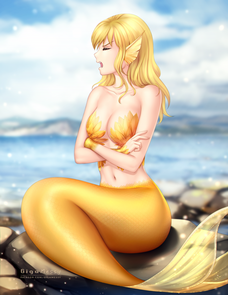 1girl artist_name bangs blonde_hair blurry blurry_background breasts closed_eyes cloud cloudy_sky commission crossed_arms gigamessy head_fins long_hair mermaid monster_girl monsterification navel ningyo_numa open_mouth outdoors rock scales sitting sky solo teeth watermark yamazaki_rin