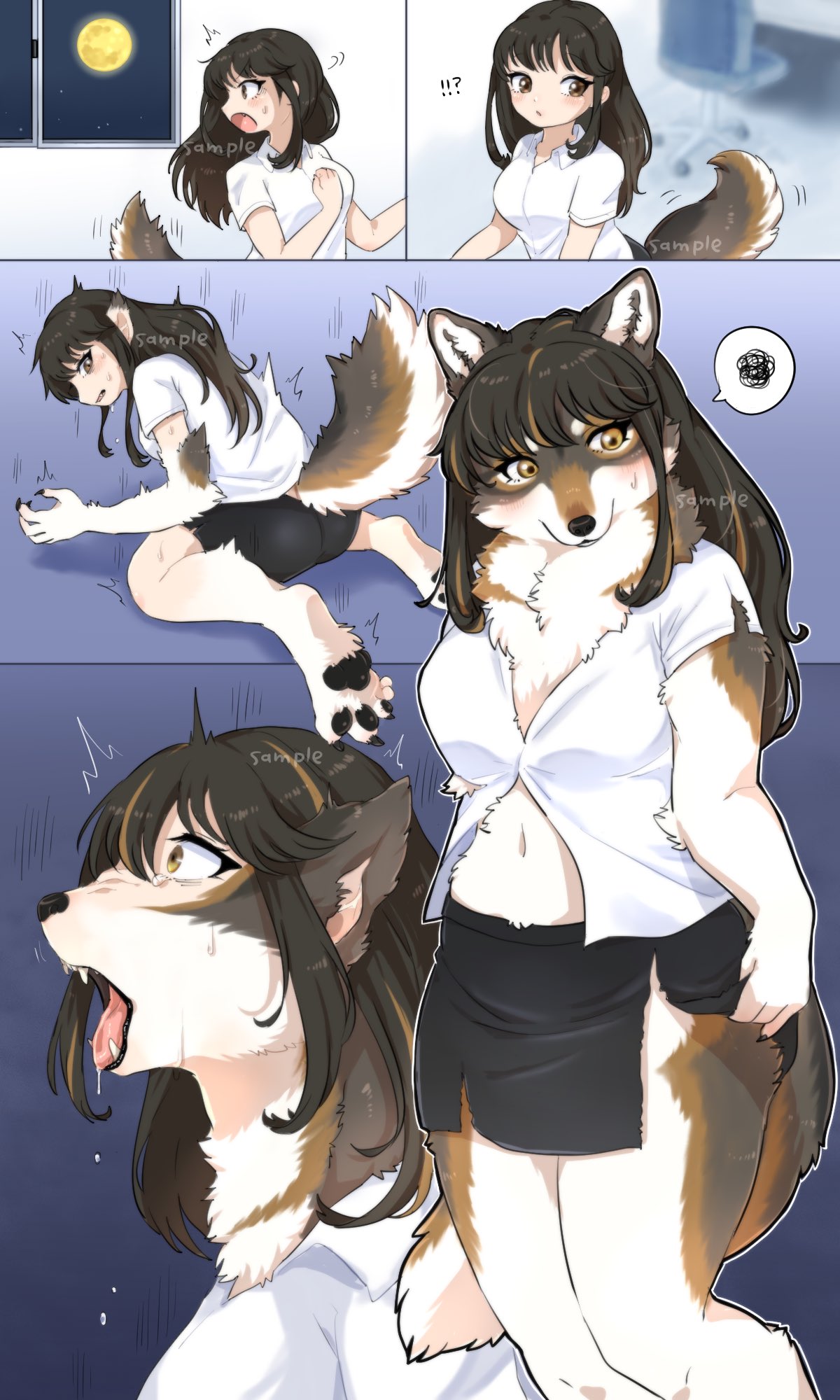 anthro black_hair black_nose bodily_fluids bottomwear breasts brown_body brown_eyes brown_fur canid canine canis chest_tuft claws clothed clothing digital_media_(artwork) drooling feet female fingers full_moon fur hair hi_res koto0v0haru looking_back mammal moon navel night open_clothing open_mouth open_shirt open_topwear outside pawpads saliva shirt skirt sky solo species_transformation speech_bubble star teeth toe_claws toes tongue topwear torn_bottomwear torn_clothing torn_skirt transformation tuft were werecanid werecanine werewolf white_body white_fur window wolf