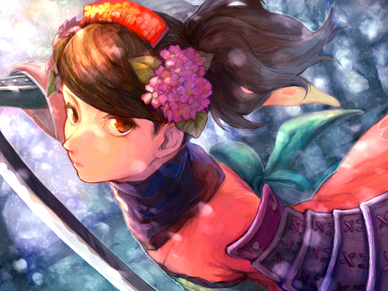 1girl armor brown_eyes brown_hair closed_mouth comb domodesu flower hair_flower hair_ornament hatching_(texture) holding holding_sword holding_weapon japanese_armor katana long_hair looking_at_viewer momohime oboro_muramasa painterly pauldrons pink_flower shoulder_armor single_pauldron sode solo sword upper_body vambraces weapon