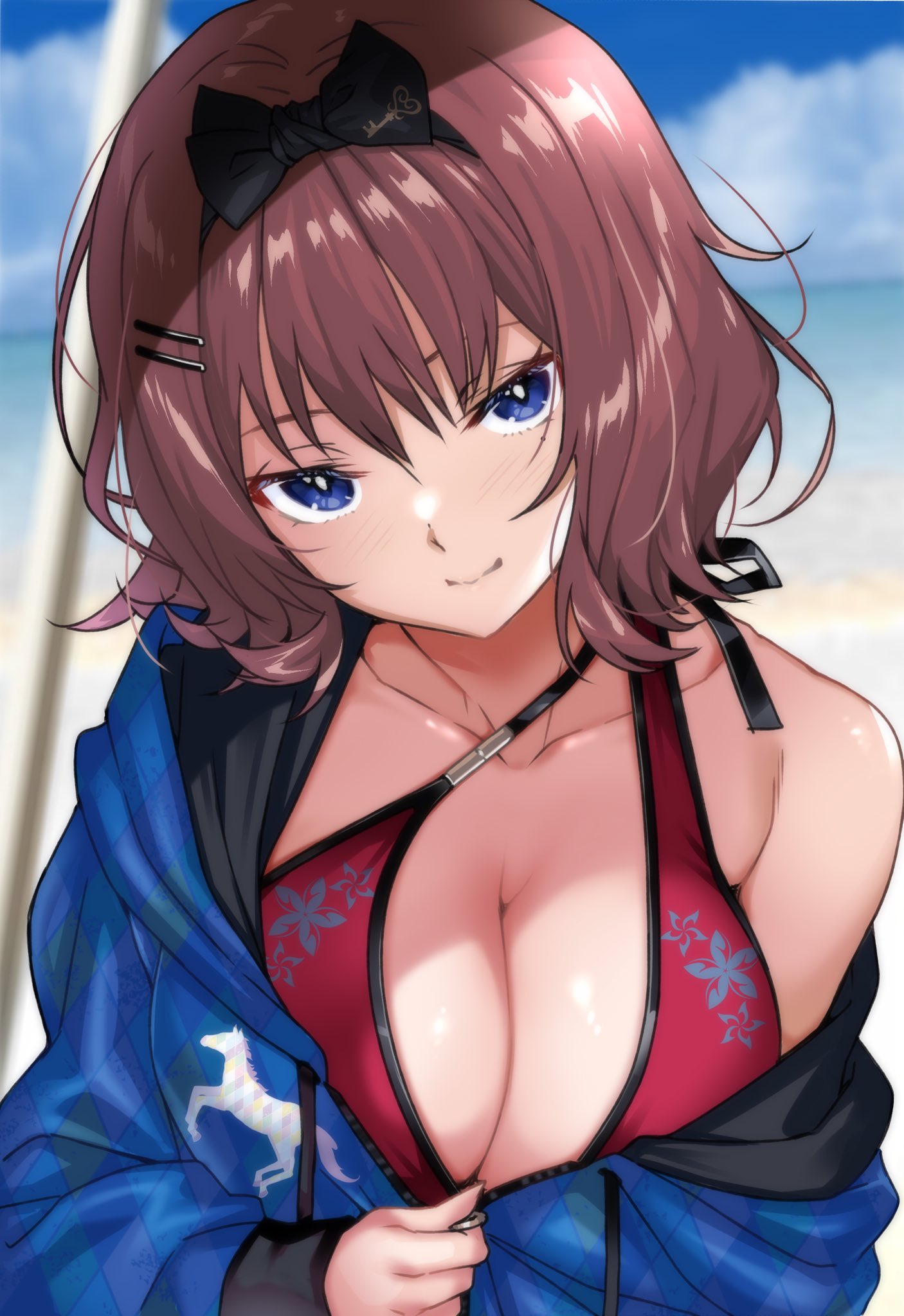 1girl akama_suzu beach bikini bikini_under_clothes blue_hoodie blush brown_hair collarbone hair_ornament hairclip hario_4 highres hood hoodie hoodie_pull horse_print mondaiji_no_watashitachi_wo_kaeta_no_wa_onaji_class_no_monaka-senpai red_bikini single_bare_shoulder smile solo swimsuit water