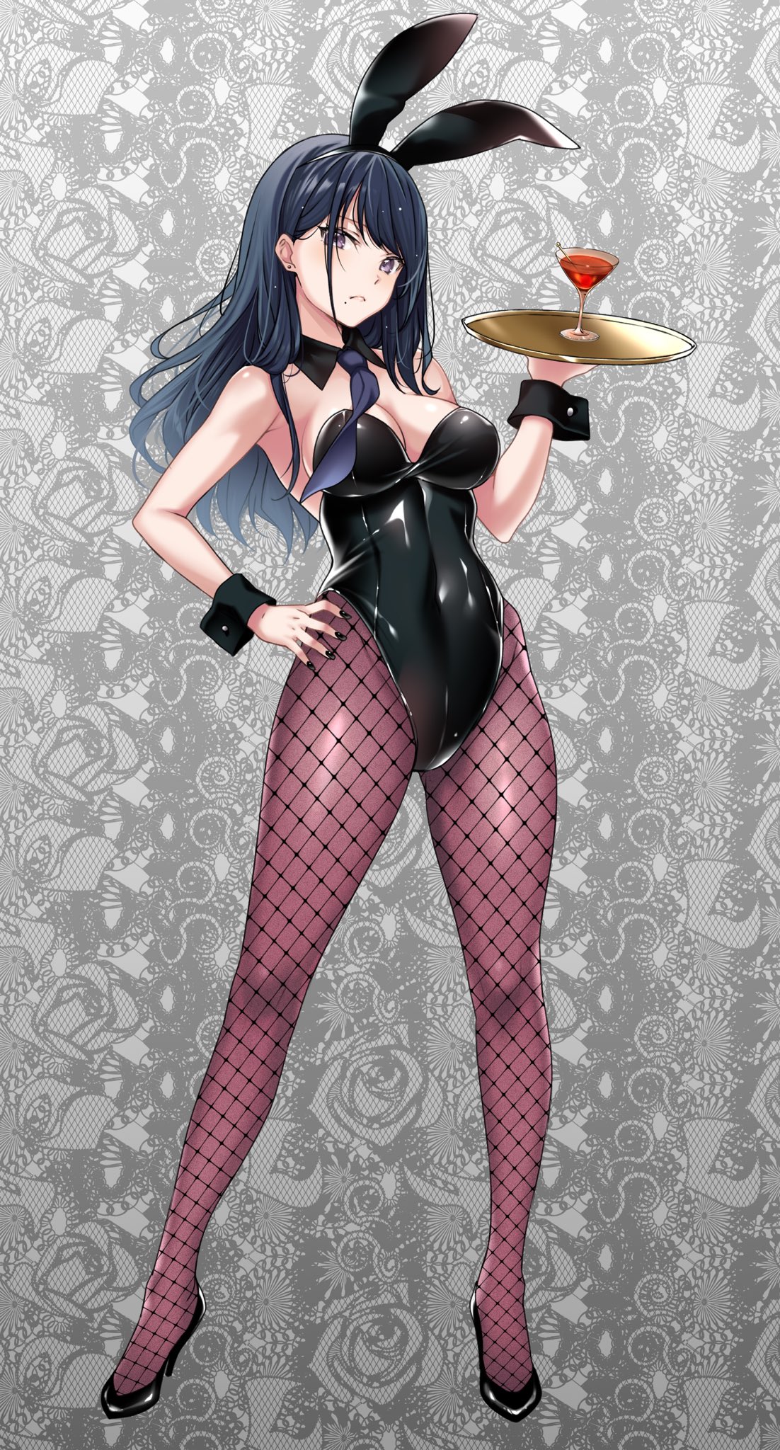 1girl animal_ears black_footwear black_leotard black_nails blue_hair breasts cleavage cocktail_glass covered_navel cup detached_collar drinking_glass fake_animal_ears fishnet_pantyhose fishnets frown hairband hand_on_hip hario_4 high_heels highres holding holding_tray kurosawa_mitsuki lace_background leotard long_hair mole mole_under_mouth mondaiji_no_watashitachi_wo_kaeta_no_wa_onaji_class_no_monaka-senpai nail_polish necktie pantyhose rabbit_ears solo tray wrist_cuffs