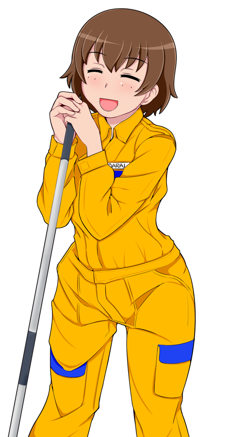 1girl bangs broom brown_hair closed_eyes commentary freckles girls_und_panzer holding holding_broom jumpsuit long_sleeves mechanic open_mouth orange_jumpsuit short_hair simple_background smile solo standing tanaka_rikimaru tsuchiya_(girls_und_panzer) uniform white_background